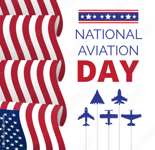 National Aviation Day in USA, celebrated in August. Silhouettes of passenger and military aircraft