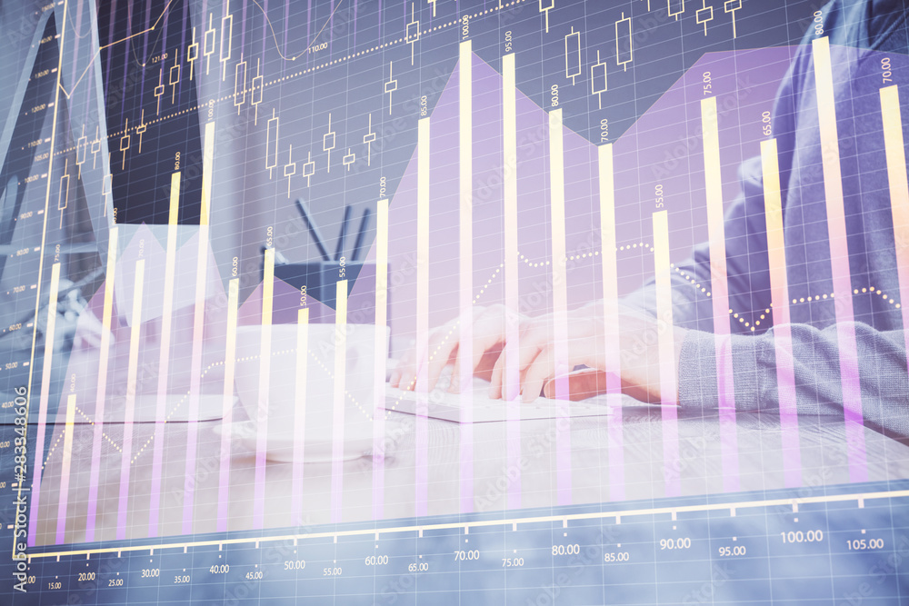 Double exposure of financial graph with man works in office on background. Concept of analysis. Double exposure of financial graph with man works in office on background. Concept of analysis.