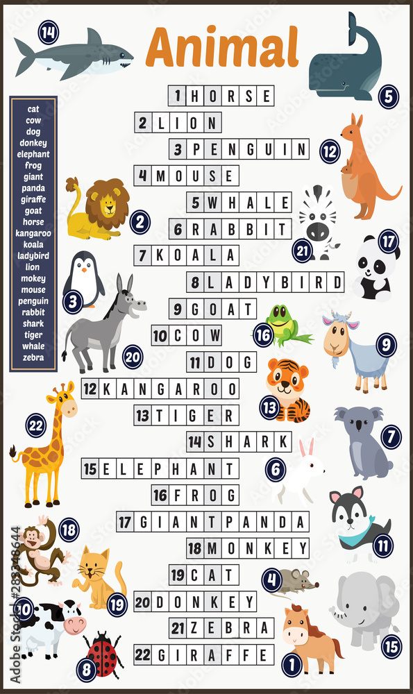 Vector Illustration of puzzle crossword in Animals Stock Vector | Adobe