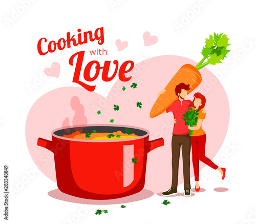"Cooking with love" card design with pan of soup and young couple with vegetables. Vector illustration for poster, banner, card, cover, brochure, flyer, postcard.