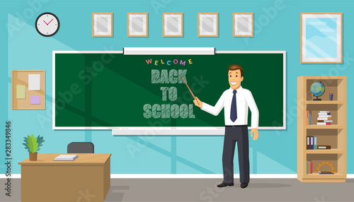 Smiling cute male teacher holding a pointer and pointing to a blackboard in a classroom. Welcome back to school concept. Vector illustration