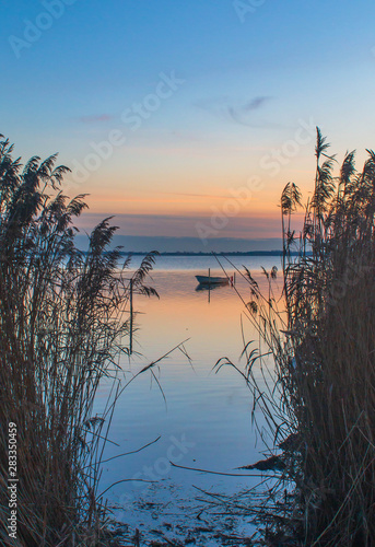 blue hour in summer time by a lake with a small boat in between the reeds