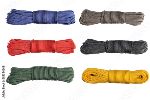 Colorful rope. Paracord, isolated on white background photo