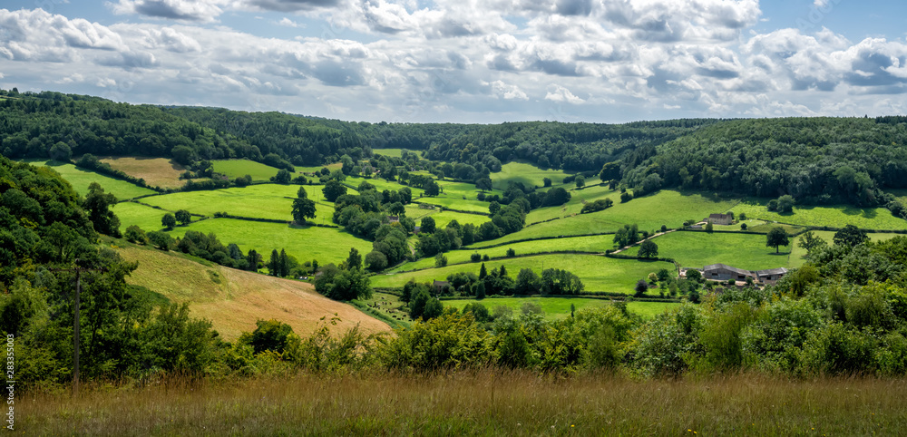 View from Breakheart Hill across Waterley Bottom near Dursley, The Cotswolds, Gloucesershire, United Kingdom