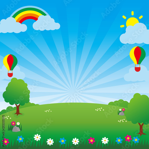 Field vector illustration with rainbow, clouds, sun and hot air balloon suitable for children background