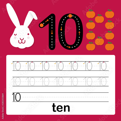 Number ten, card for kids learning to count and to write, worksheet for kids to practice writing skill, Vector illustration