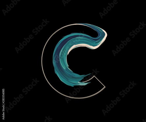 Letter C 3d rendering with wave decoration. Swoosh shape. Bold lettering image isolated on white background. Abstract with green colored feather. Typography illustration