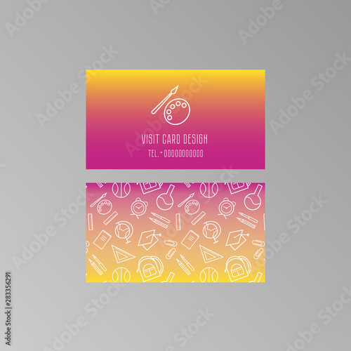 Visit card layout for drawing courses, painters, designers, illustrators, teachers. Bright card with pattern and simple logo at the gradient background. Standard size 50*90 mm. Vector illustration.