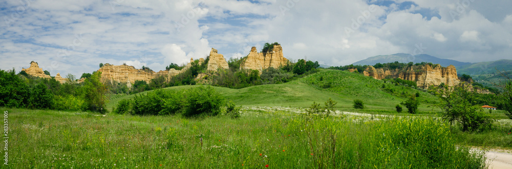 Aerial view of Le Balze canyon landscape in Valdarno, Italy