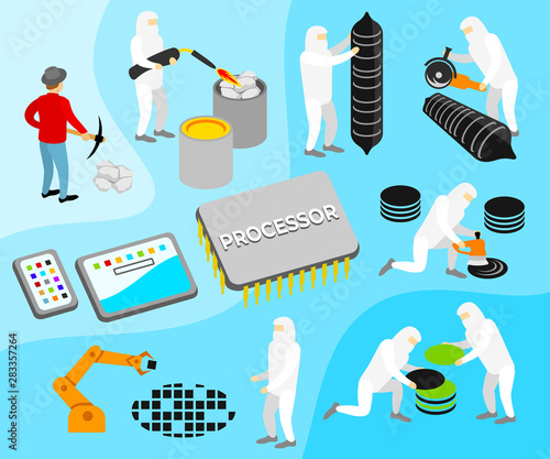 Processor or CPU, manufacturing process illustration. Technology, innovation, artificial intelligence and robotics, vector design
