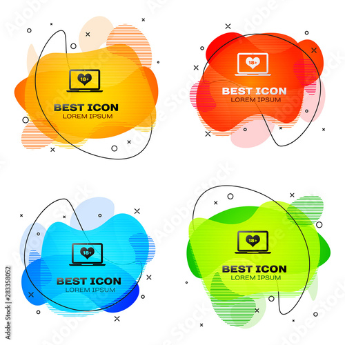 Black Laptop computer with 18 plus content heart icon on white background. Age restriction symbol. 18 plus content sign. Adult channel. Set of liquid color abstract shapes. Vector Illustration