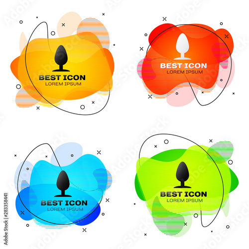 Black Anal plug icon isolated on white background. Butt plug sign. Fetish accessory. Sex toy for men and woman. Set of liquid color abstract geometric shapes. Vector Illustration