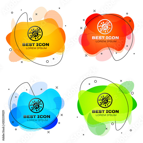 Black Stop virus, bacteria, germs and microbe icon isolated. Antibacterial and antiviral defence, protection infection. Set of liquid color abstract geometric shapes. Vector Illustration