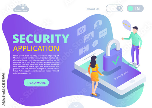 isometric vector image on a white background, a landing design  of security application, a man and a woman are standing near a smartphone on the screen of which there is a lock, data protection
