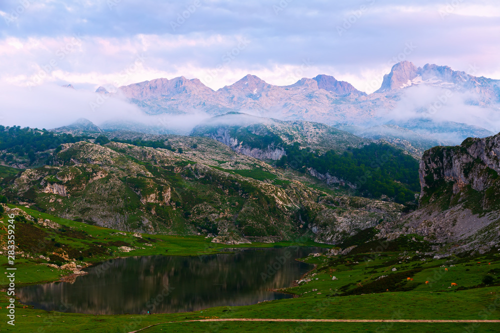Covadonga mountain landscape with lake at dusk