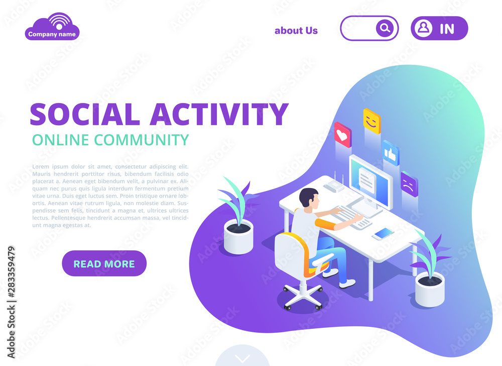 isometric vector image in the form of a landing on a white background, a man sits at a computer in social networks isometric vector image in the form of a landing on a white background, a man sits at a computer in social networks