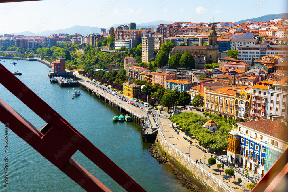 Panorama view of Portugalete with river from Vizcaya Bridge