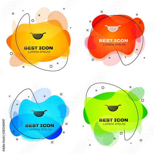 Black Kitchen colander icon isolated on white background. Cooking utensil. Cutlery sign. Set of liquid color abstract geometric shapes. Vector Illustration