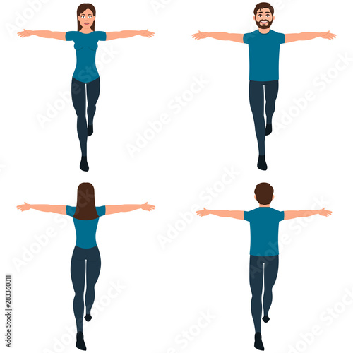 Guy and girl tightrope walker front and back view, man and woman keep balance, acrobats vector illustration on a white background