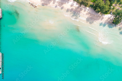 Aerial view serenity exotic sea shore white sand beach green palm tree