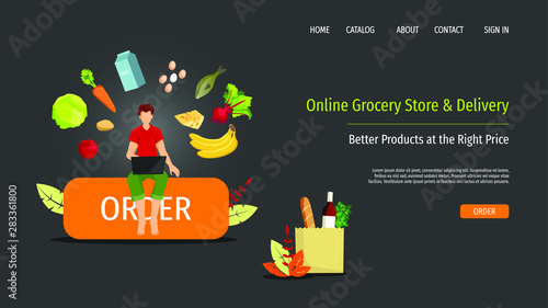 Landing page design for Grocery store, Online Market, Home delivery. Man with laptop and food on the dark background. Vector illustration for poster, banner, website development.
