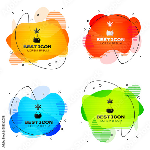 Black Chemical test tube with marijuana or cannabis leaf icon isolated on white background. Research concept. Laboratory CBD oil concept. Set abstract banner with liquid shapes. Vector Illustration