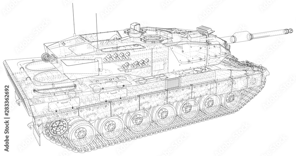 Army tank technical wire-frame. Vector illustration. Tracing illustration of 3d.