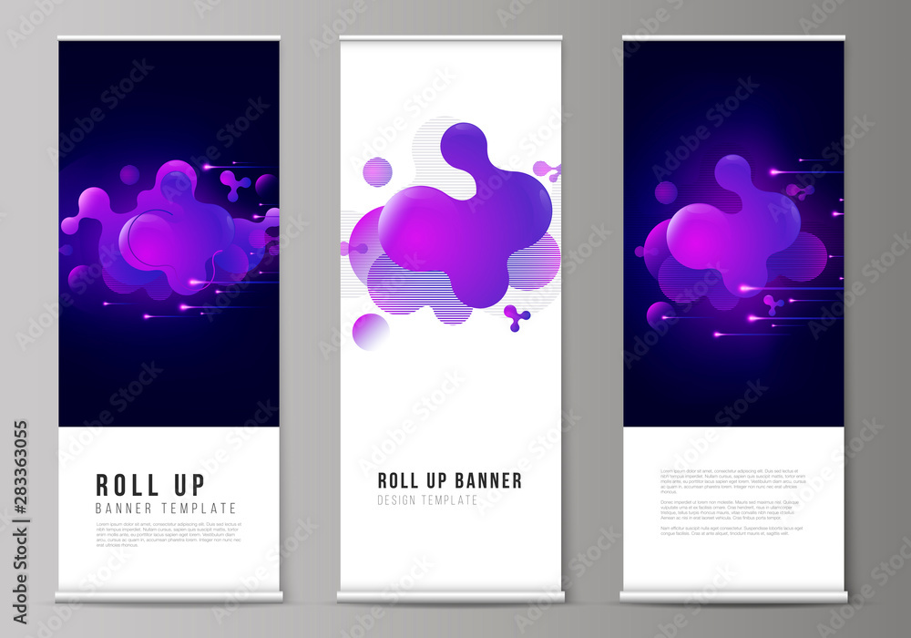 The vector illustration of the editable layout of roll up banner stands, vertical flyers, flags design business templates. Black background with fluid gradient, liquid blue colored geometric element.