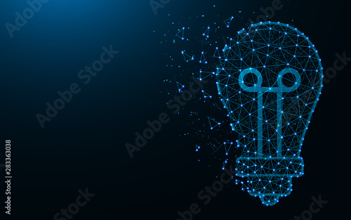Light bulb low poly design, Incandescent lamp abstract geometric image, Idea wireframe mesh polygonal vector illustration made from points and lines on dark blue background