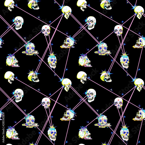 Laser shooting, shoot eyes. Skulls, superheroes fight with light rays. Creepy cartoon illustration for prints, t-shirts, Halloween or tattoo.