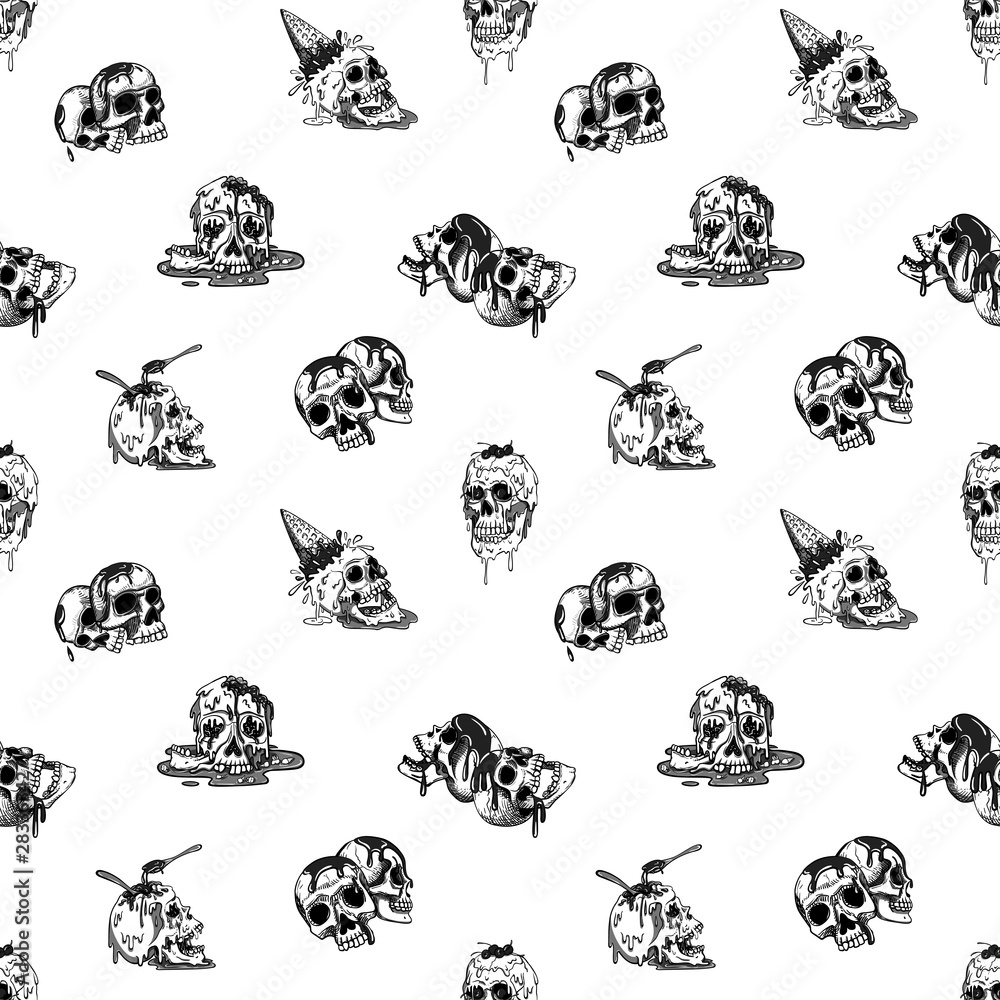 Seamless pattern with human's skulls. Fluid melts and flows. Creepy cartoon illustration for prints, t-shirts, Halloween or tattoo.