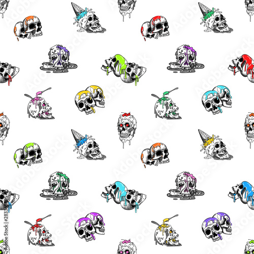 Seamless pattern with human's skulls. Multi-colored fluid melts and flows. Creepy cartoon illustration for prints, t-shirts, Halloween or tattoo.