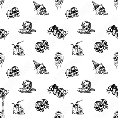 Seamless pattern with human's skulls. Fluid melts and flows. Creepy cartoon illustration for prints, t-shirts, Halloween or tattoo.
