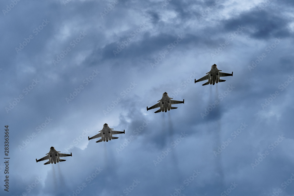 Four airplanes in a diagonal row flying upwards Four airplanes in a diagonal row flying upwards