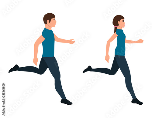 Running guy and girl character in a flat style, man and woman in a hurry vector illustration on a white background