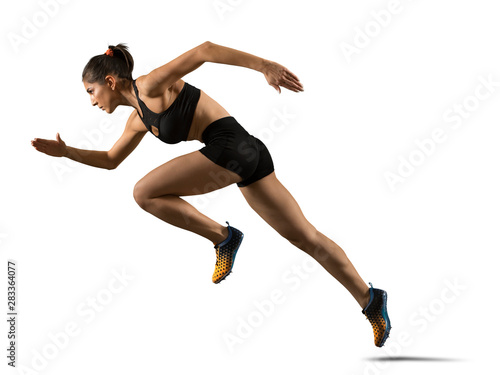Sporty woman running. Isolated on white background