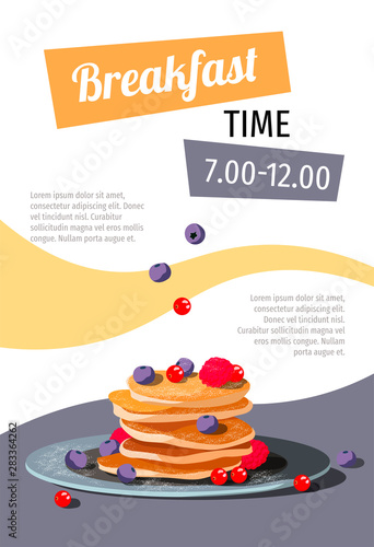 Flyer, banner, poster, brochure, menu design with pancakes. Breakfast time concept. Vector illustration in a flat style.