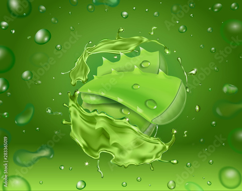 Aloe vera splash and leaf on green background. Realistic aloe juice or cosmetic oil