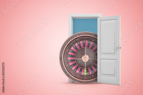 Fototapeta 3d rendering of big casino wheel emerging from open door on pink gradient copyspace background