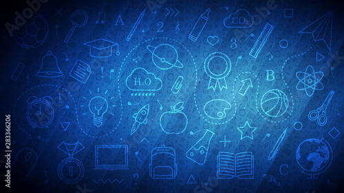 Back to School abstract blue background with different line icons and school pattern