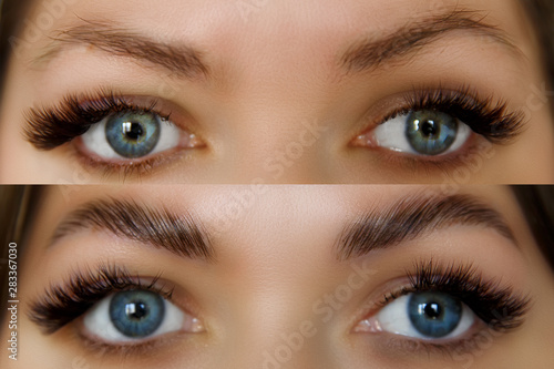 Female face before and after eyebrows correction. Beautiful Woman with long lashes in a beauty salon. photo