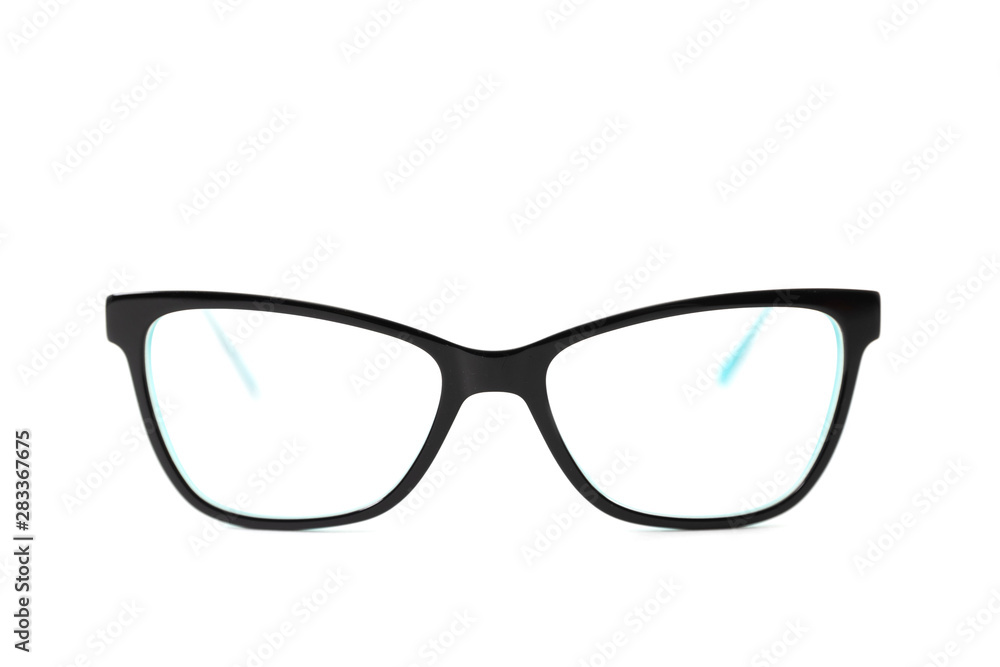 Black plastic eyeglass frame . Isolated Black plastic eyeglass frame . Isolated
