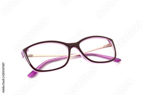 Women's pink plastic frame glasses . Isolated