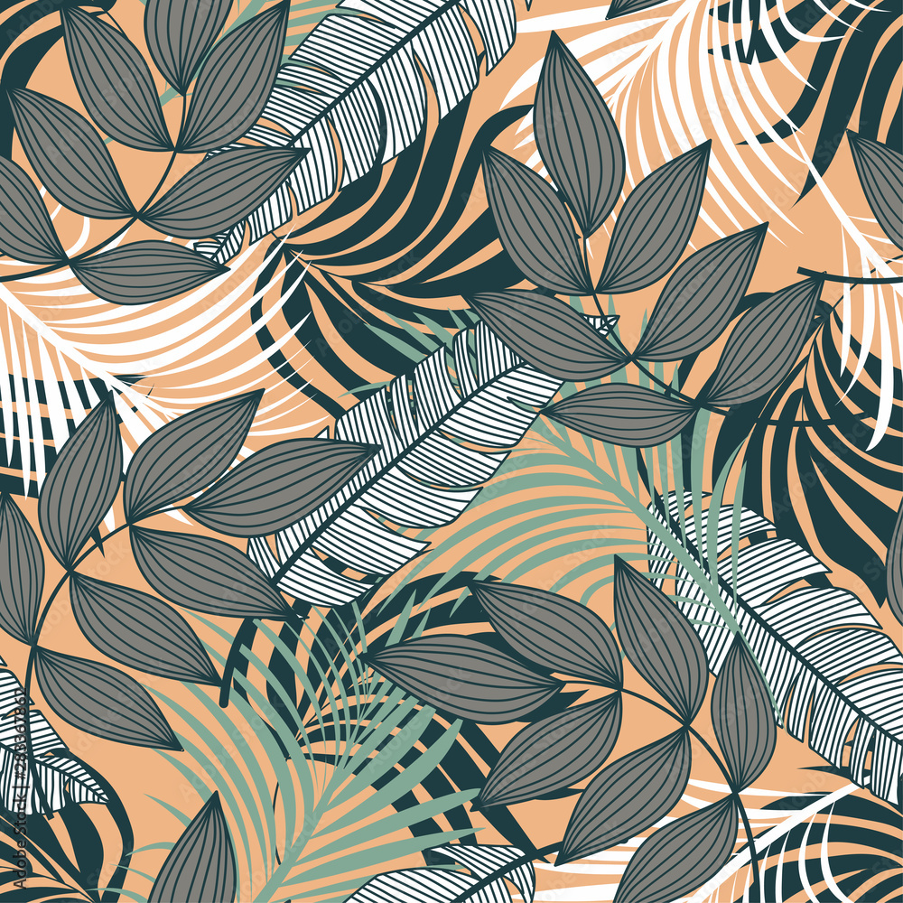 Trend abstract seamless pattern with colorful tropical leaves and plants on a delicate background. Vector design. Jungle print. Floral background. Printing and textiles. Exotic tropics. Summer.