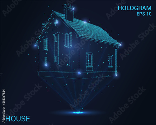 Hologram house. Holographic projection of the cottage. Flickering energy flux of particles. Scientific design architecture.