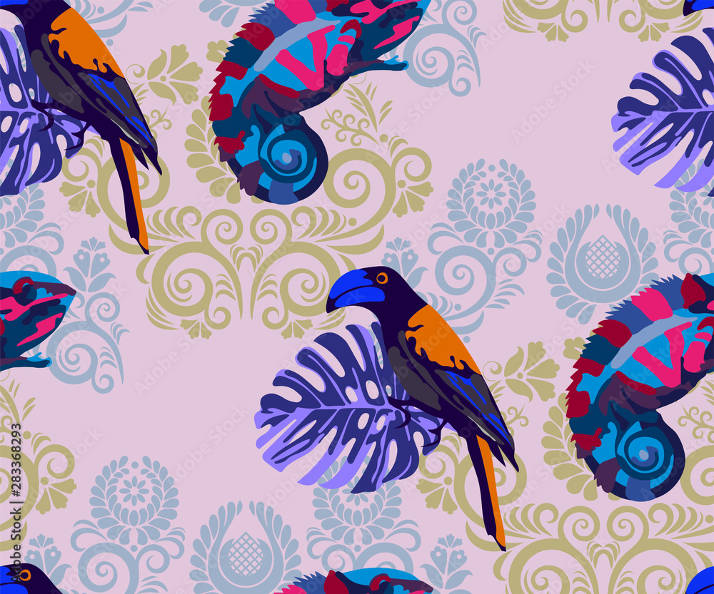 Fototapeta premium Vector chameleons and exotic birds pattern. Ethnic seamless pattern ornament. Vector pattern. 