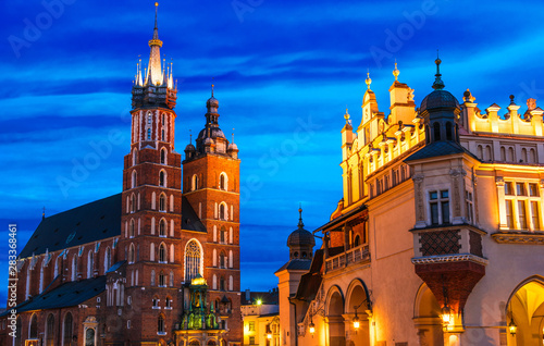 Main Market Square with Saint Mary's Basilica in Krakow, Poland