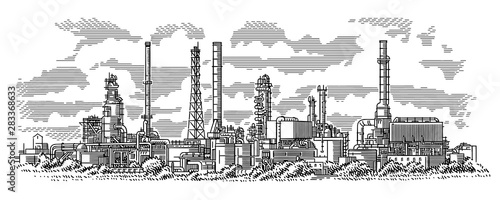 Industrial landscape line (engraving style) drawing. Oil refinery plant. Oil industry illustration. Vector. Sky in separate layer. 