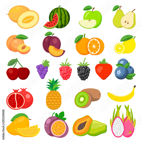Set of fruits. Watermelon, pineapple, peach, lemon, vegetarian, orange, food, apple, pear, banana, cherry, strawberry, grapes, kiwi, mango, melon, plum, papaya isolated on background.