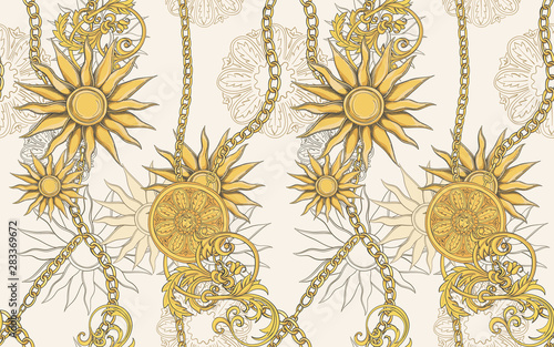 Gold chains, jewelry and baroque leaves. Vector seamless pattern. Vintage print.